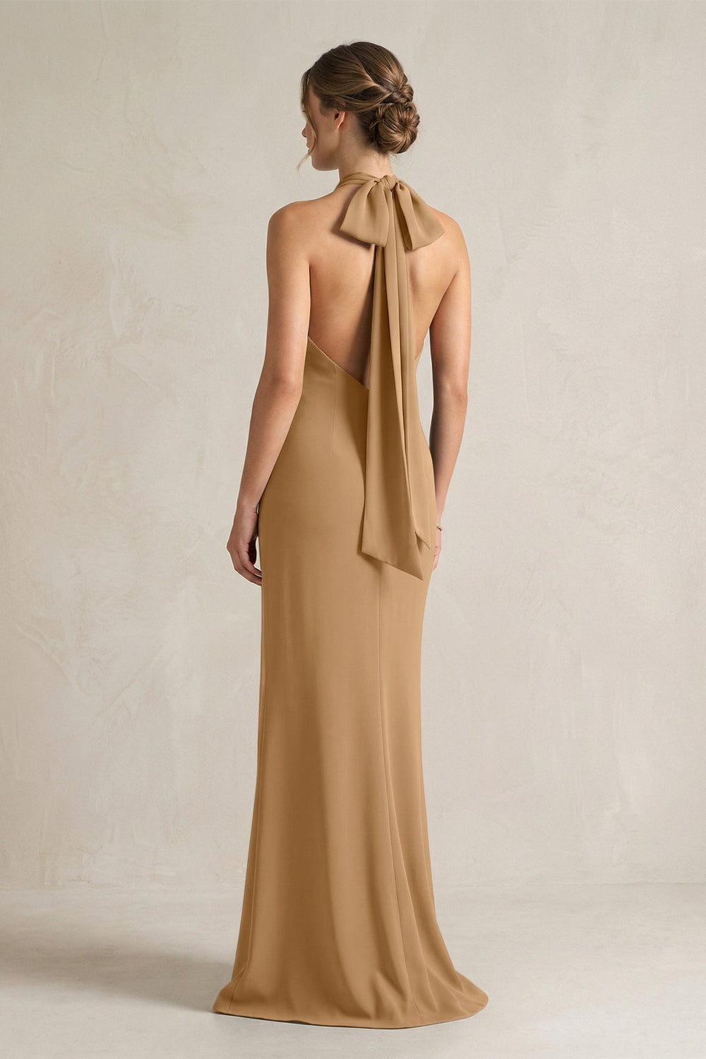 Halter Sheath Satin Bridesmaid Dress With Bow in Bronzer