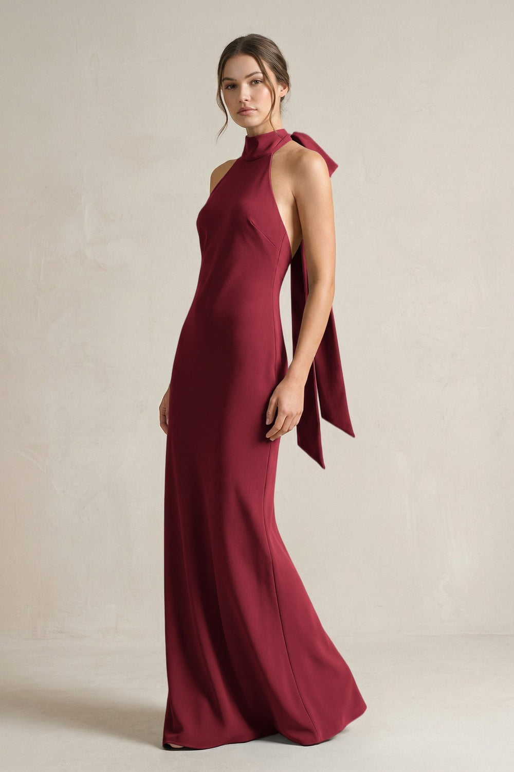 Halter Sheath Satin Bridesmaid Dress With Bow in Burgundy