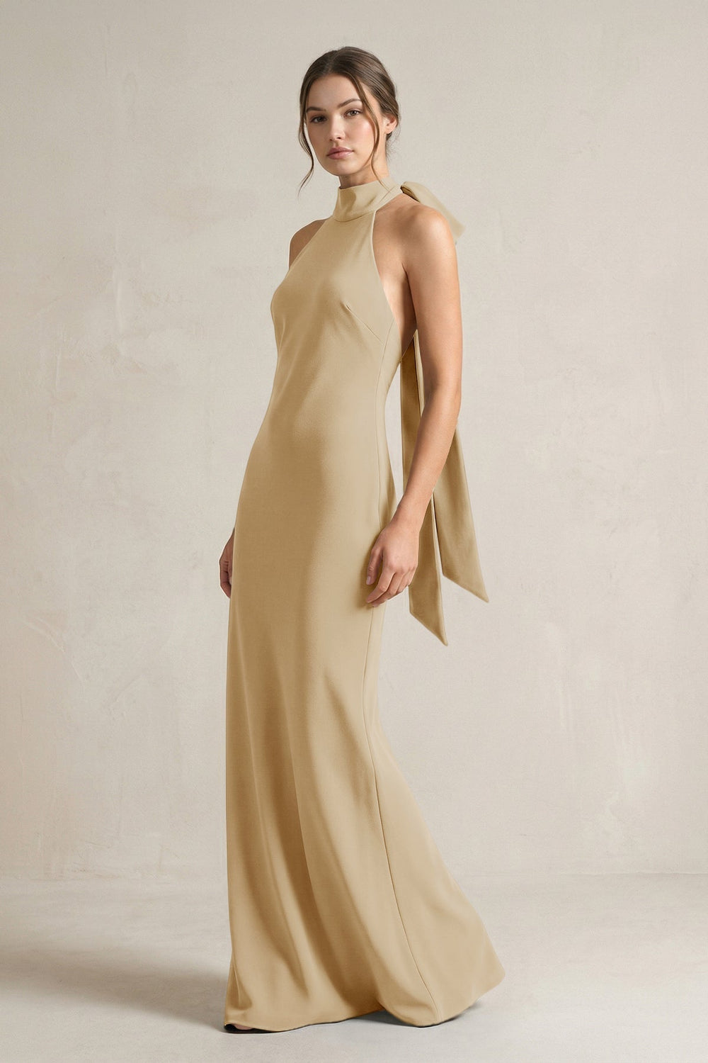Halter Sheath Satin Bridesmaid Dress With Bow in Champagne