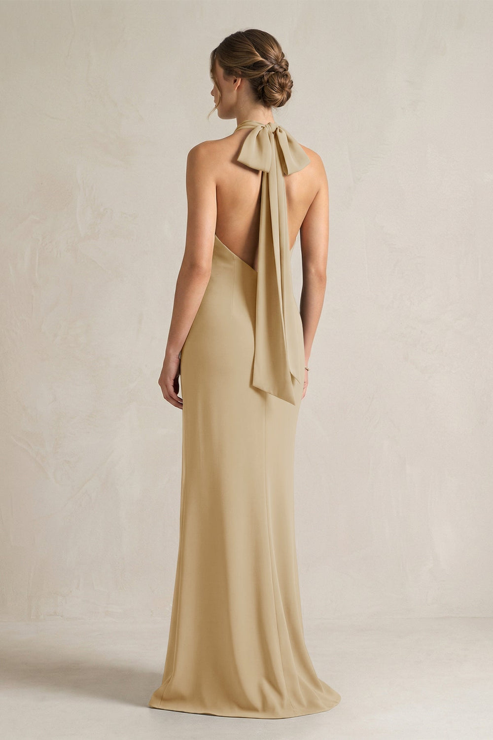 Halter Sheath Satin Bridesmaid Dress With Bow in Champagne