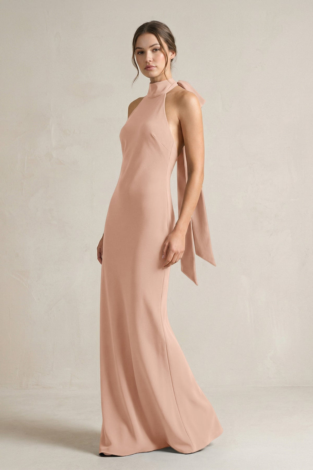 Halter Sheath Satin Bridesmaid Dress With Bow in Champagne Rose