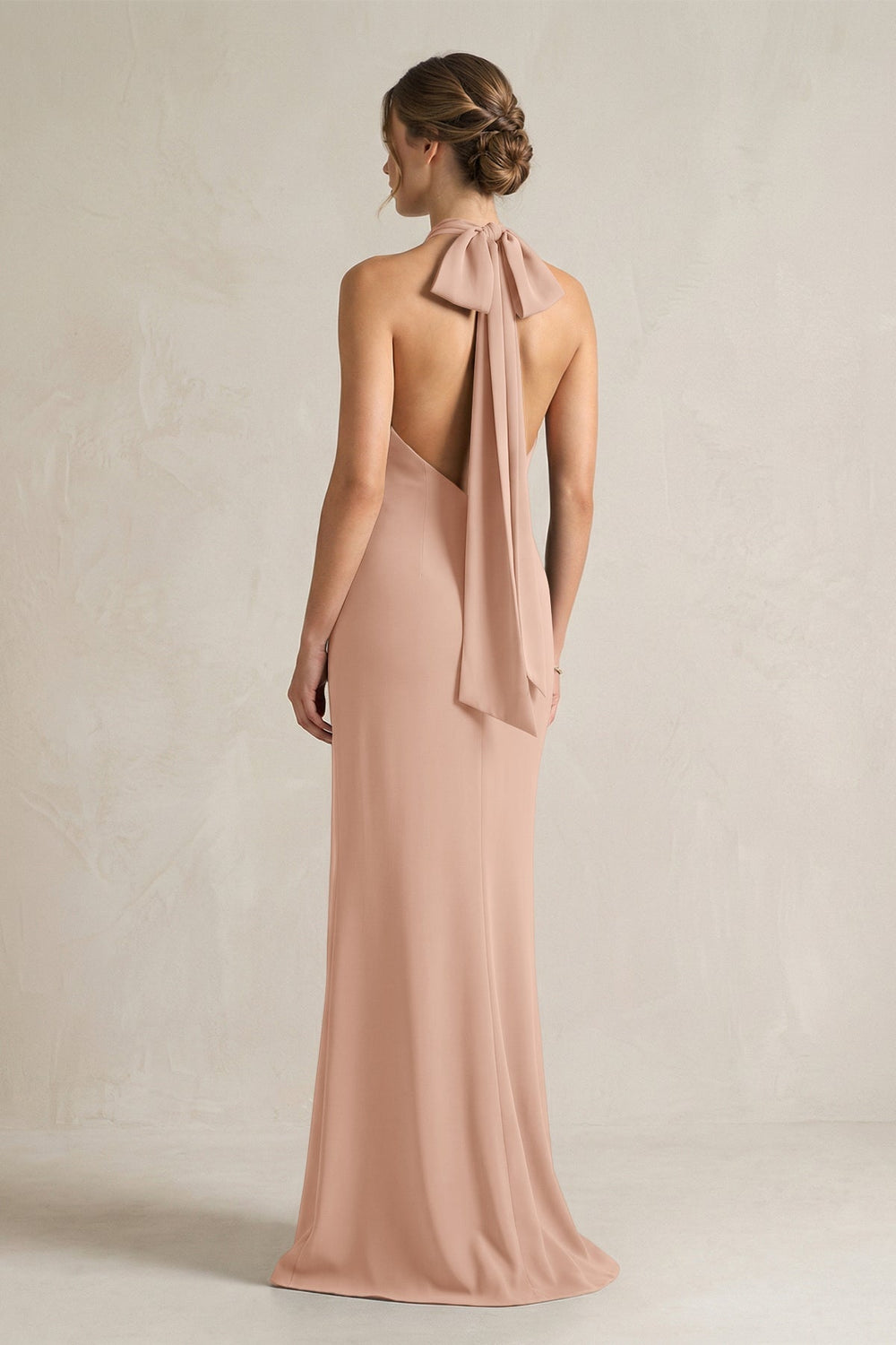 Halter Sheath Satin Bridesmaid Dress With Bow in Champagne Rose