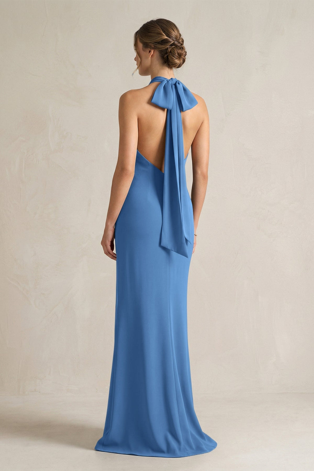 Halter Sheath Satin Bridesmaid Dress With Bow in Dusty Blue