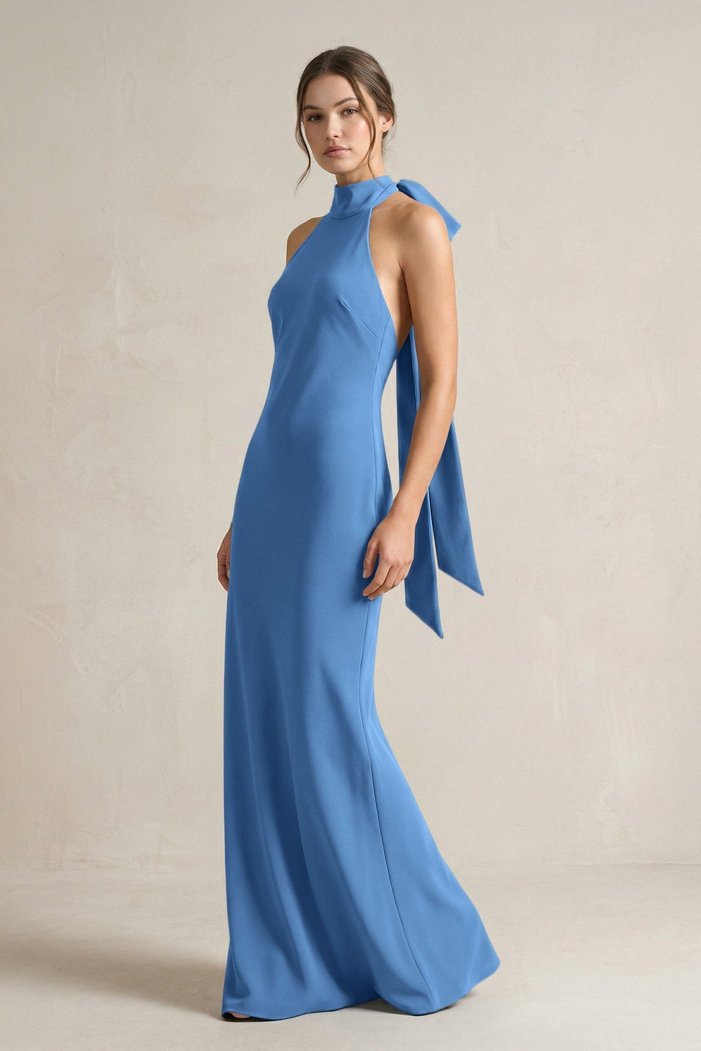 Halter Sheath Satin Bridesmaid Dress With Bow in Dusty Blue