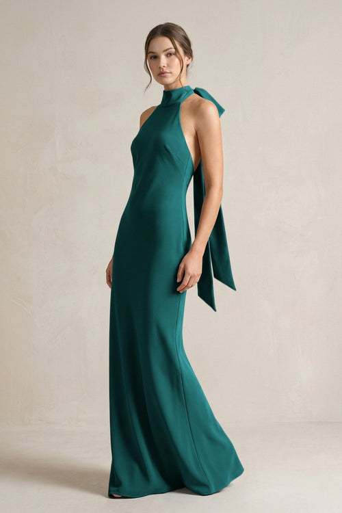 Halter Sheath Satin Bridesmaid Dress With Bow in Emerald - KISS BRIDAL Bridesmaid Dresses
