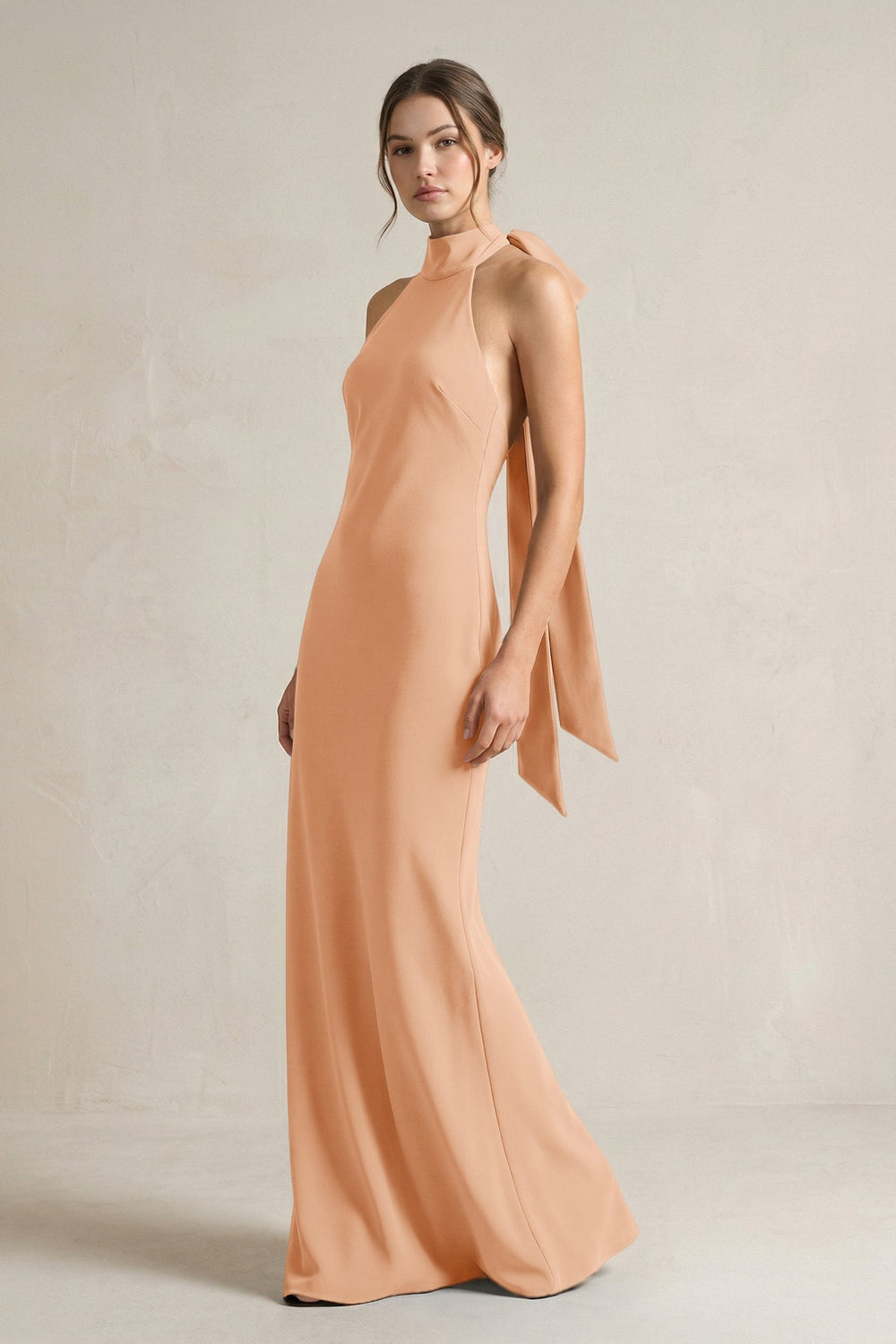Halter Sheath Satin Bridesmaid Dress With Bow in Golden Champagne