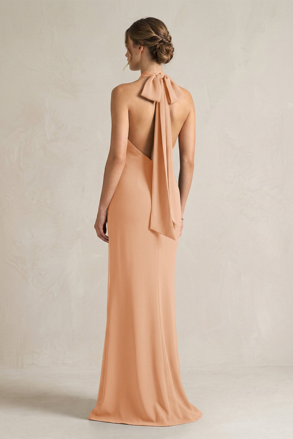 Halter Sheath Satin Bridesmaid Dress With Bow in Golden Champagne