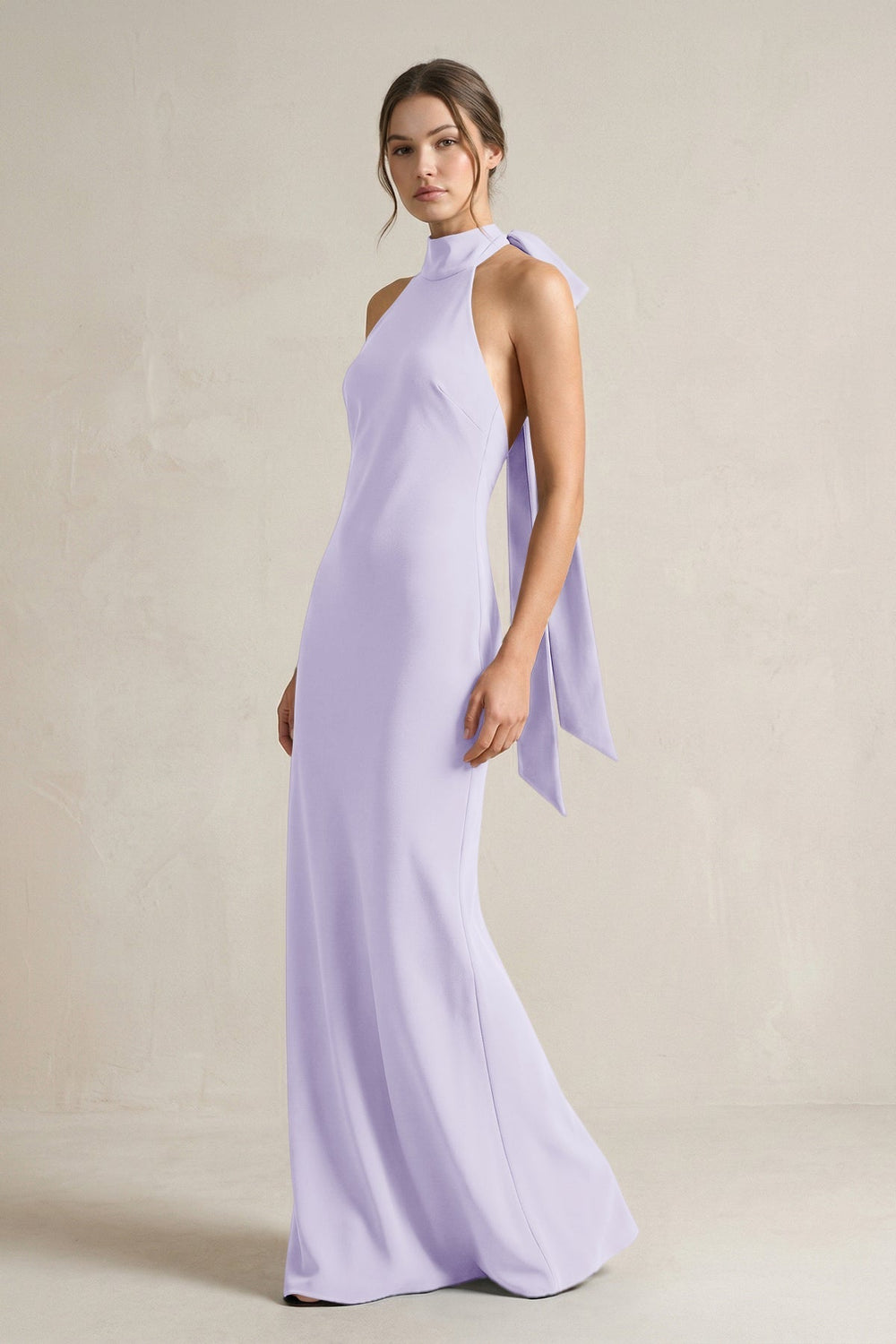 Halter Sheath Satin Bridesmaid Dress With Bow in Lavender