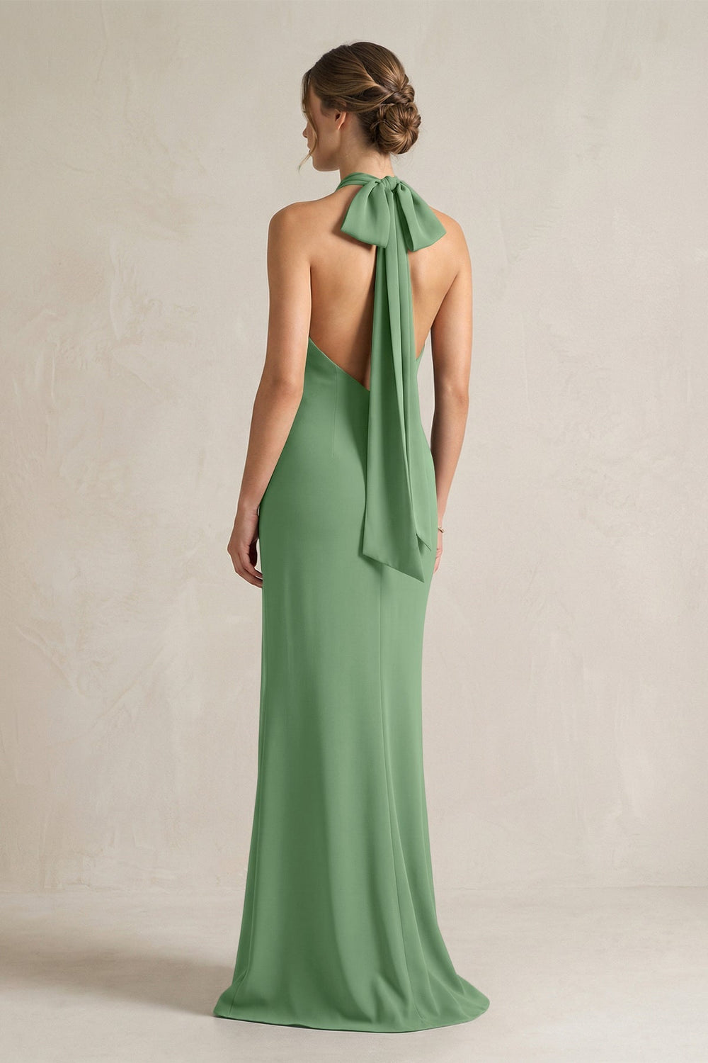 Halter Sheath Satin Bridesmaid Dress With Bow in Matcha