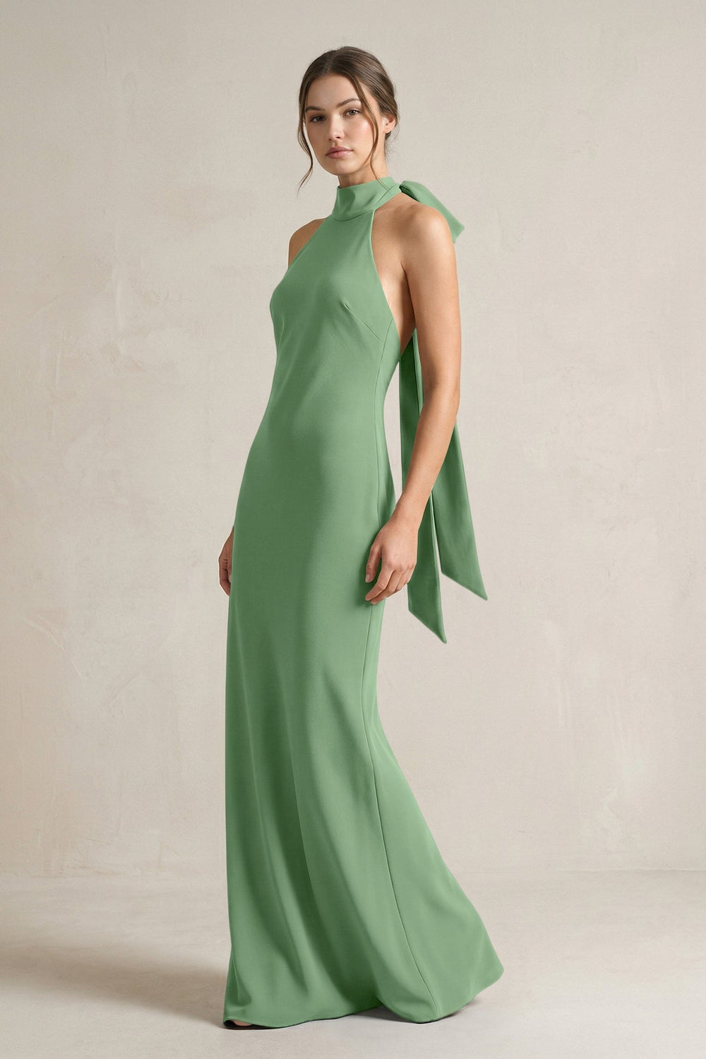 Halter Sheath Satin Bridesmaid Dress With Bow in Matcha