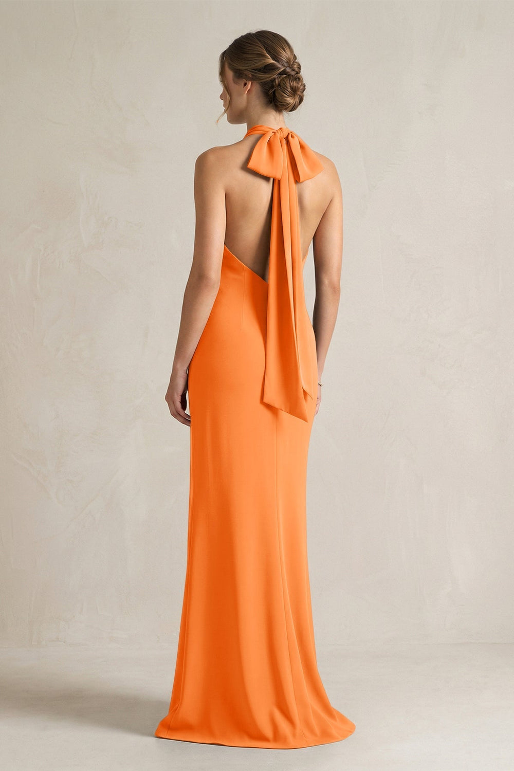 Halter Sheath Satin Bridesmaid Dress With Bow in Orange