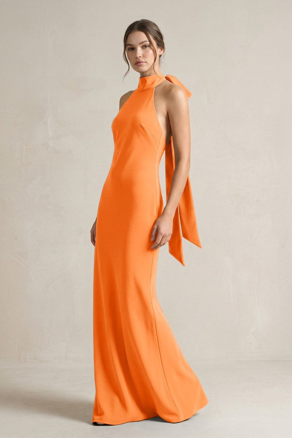 Halter Sheath Satin Bridesmaid Dress With Bow in Orange