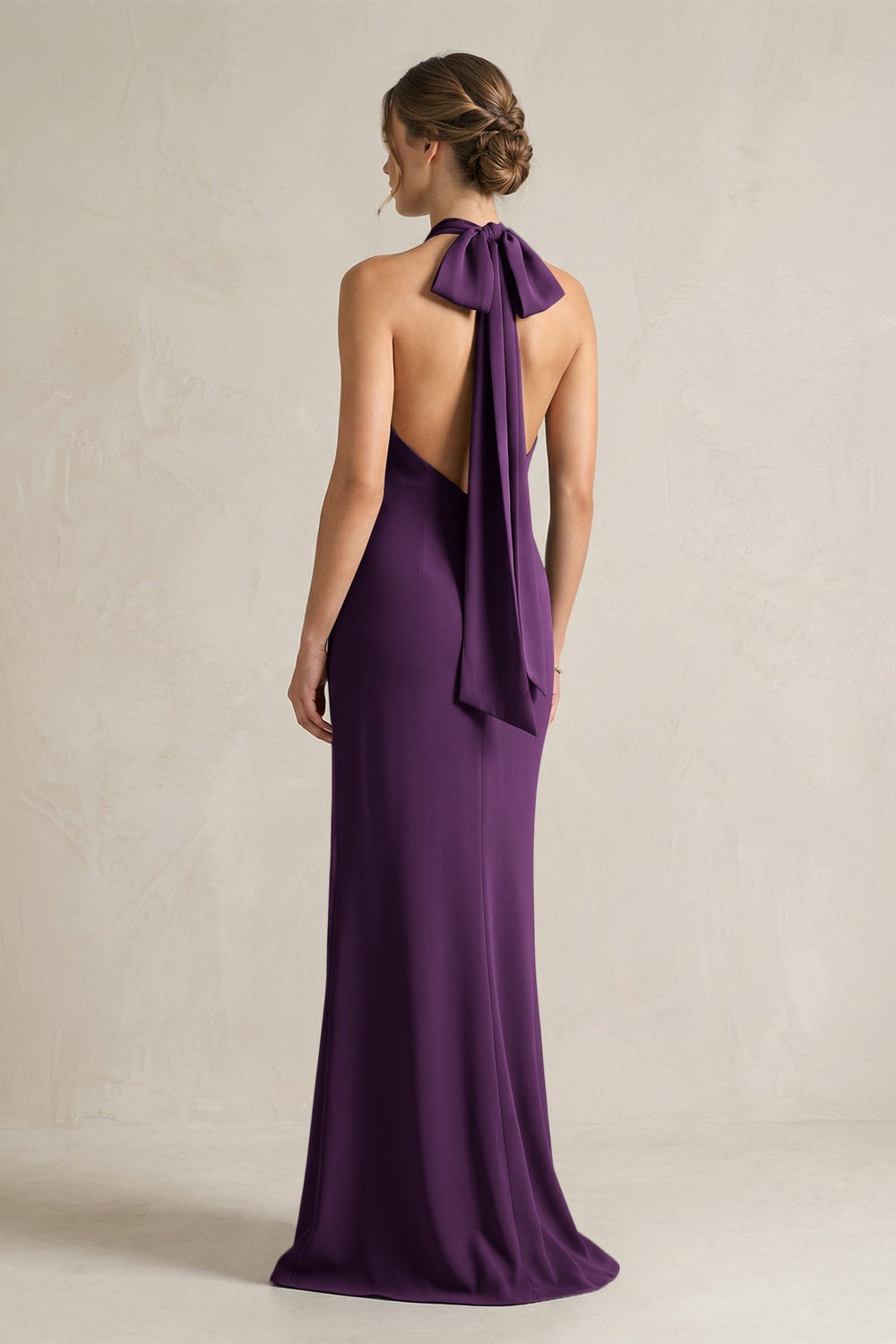 Halter Sheath Satin Bridesmaid Dress With Bow in Plum