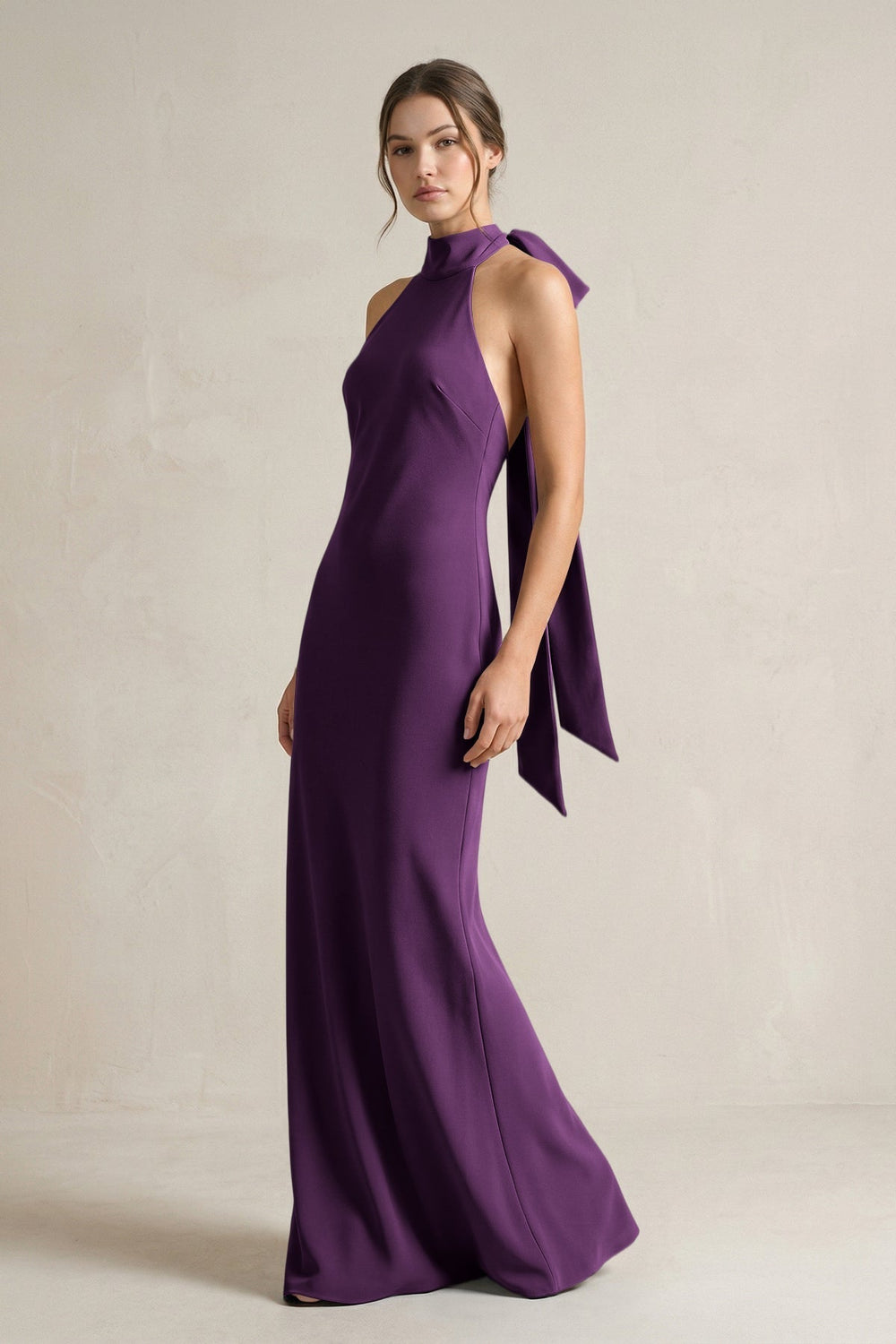 Halter Sheath Satin Bridesmaid Dress With Bow in Plum