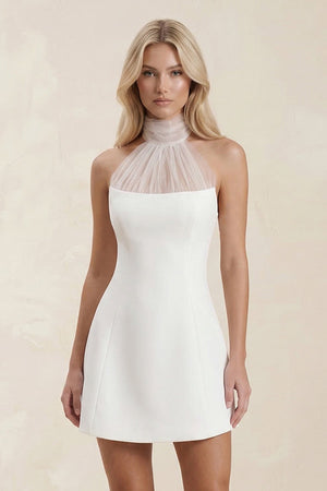 Halter Sheath Satin Mini Wedding Dress in White - KISS BRIDAL Wedding Dresses