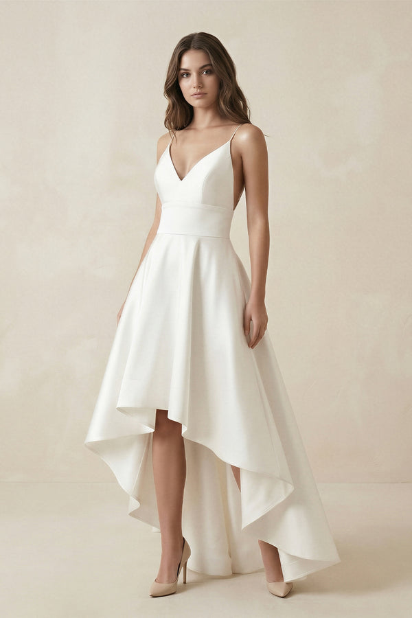 High - Low Satin V - Neck A - Line Wedding Dress in White - KISS BRIDAL Wedding Dresses