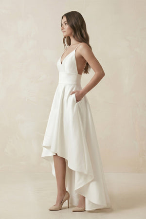 High - Low Satin V - Neck A - Line Wedding Dress in White - KISS BRIDAL Wedding Dresses
