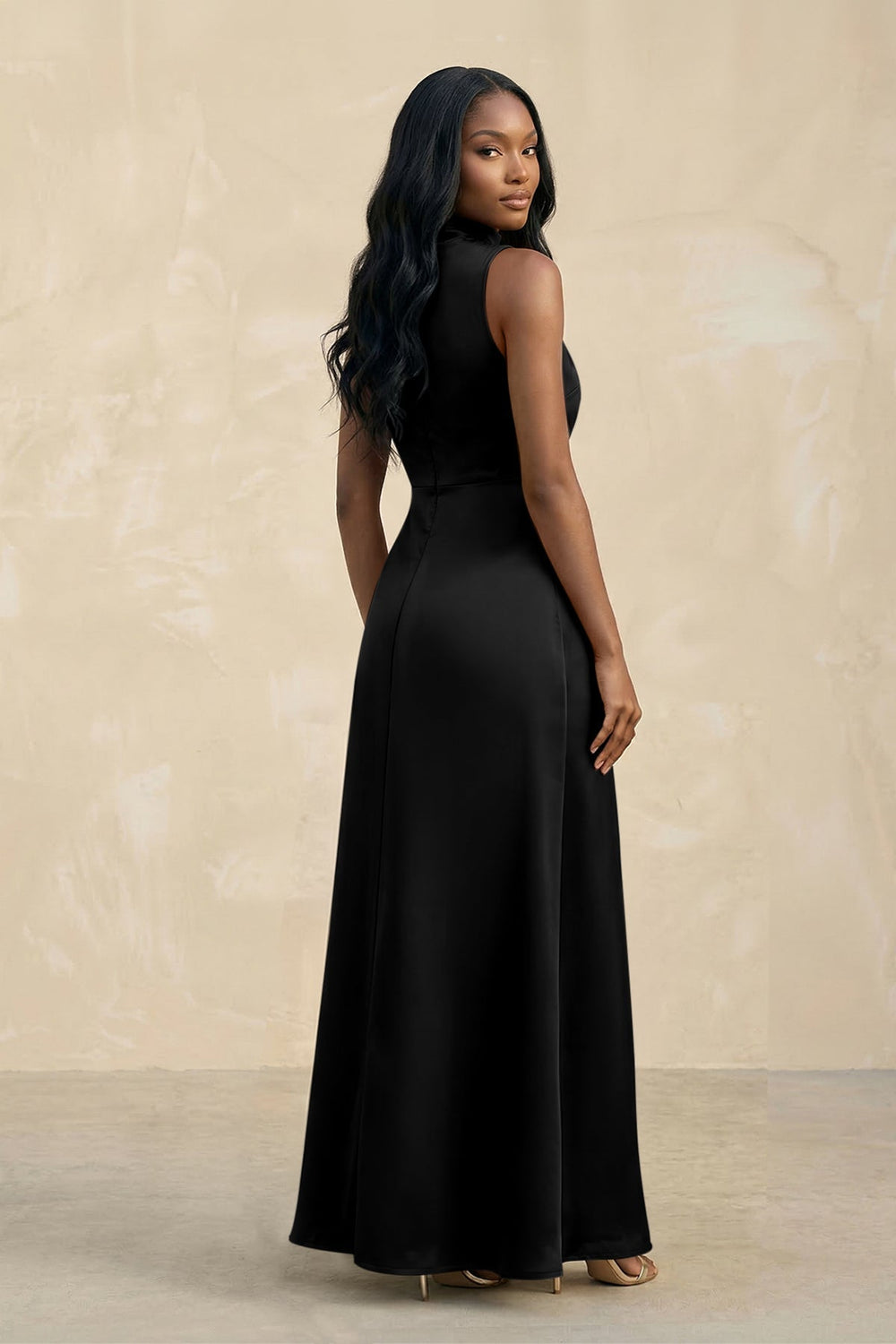 High Neck A-Line Bridesmaid Dress With Slit in Black