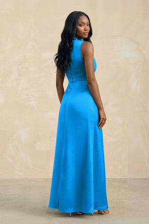 High Neck A - Line Bridesmaid Dress Wiht Slit in Blue Jay - KISS BRIDAL Bridesmaid Dresses