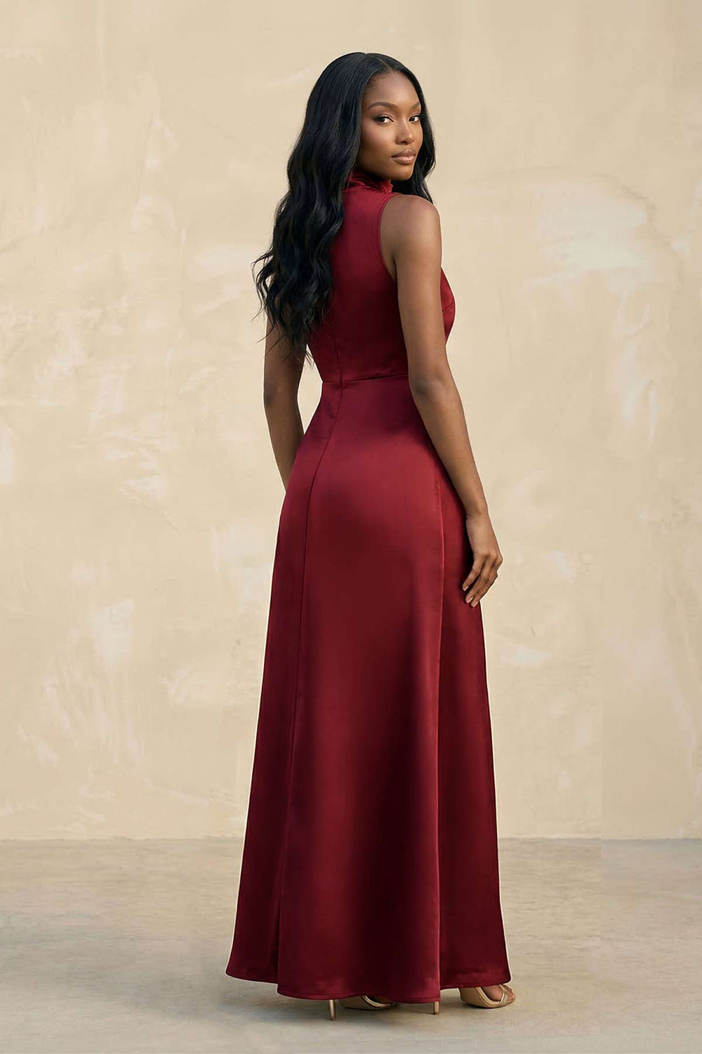 High Neck A-Line Bridesmaid Dress With Slit in Burgundy