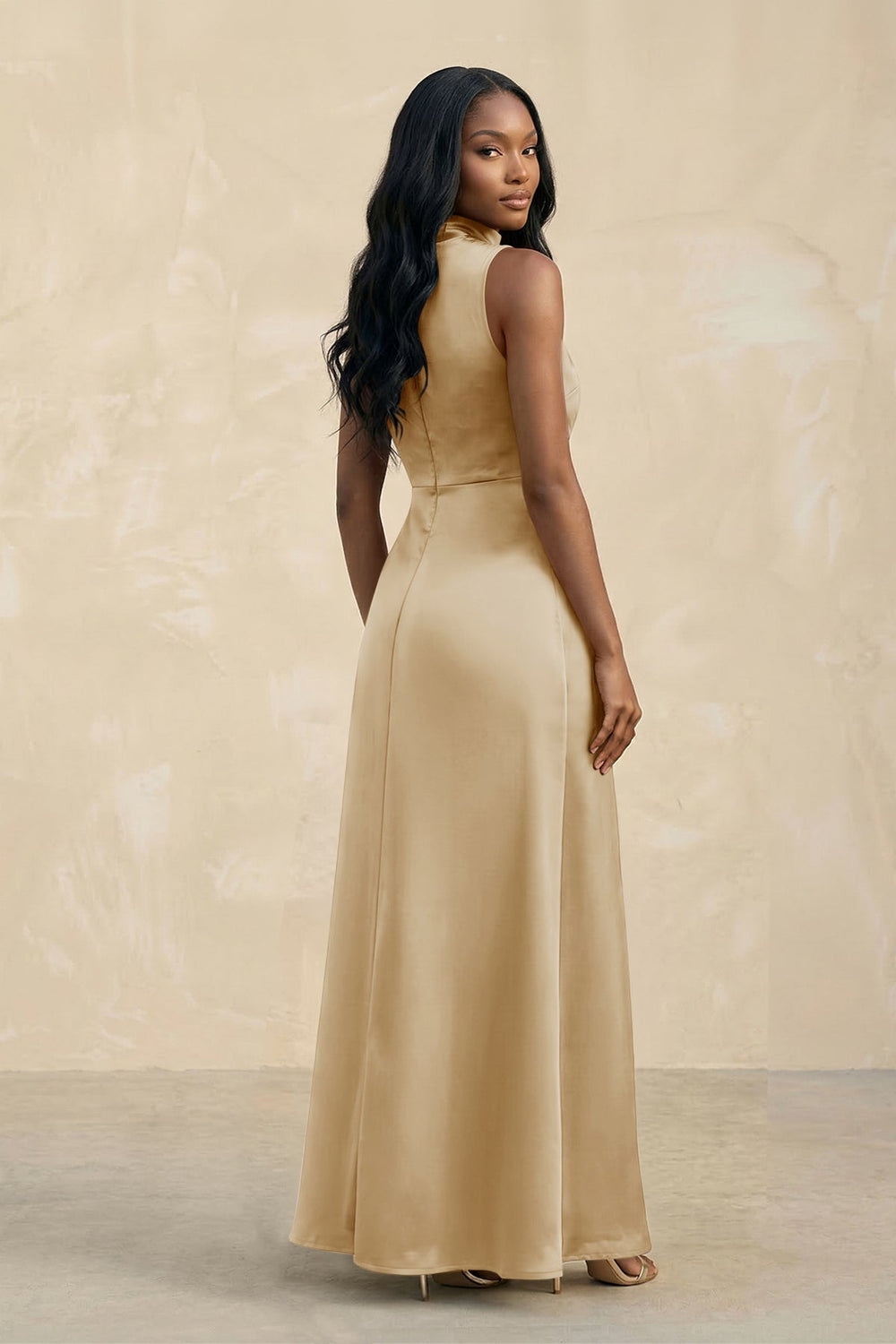 High Neck A-Line Bridesmaid Dress With Slit in Champagne