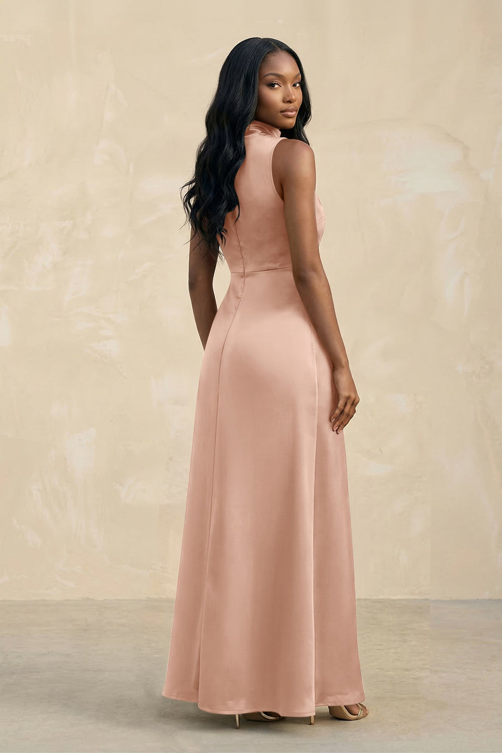 High Neck A-Line Bridesmaid Dress With Slit in Champagne Rose