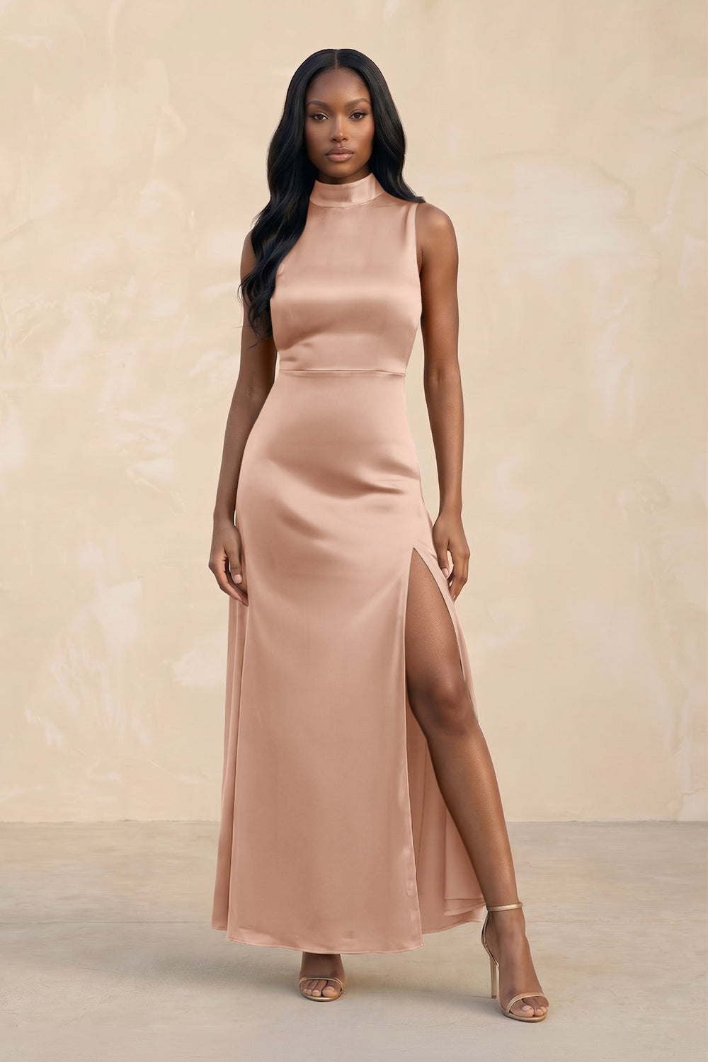 High Neck A-Line Bridesmaid Dress With Slit in Champagne Rose