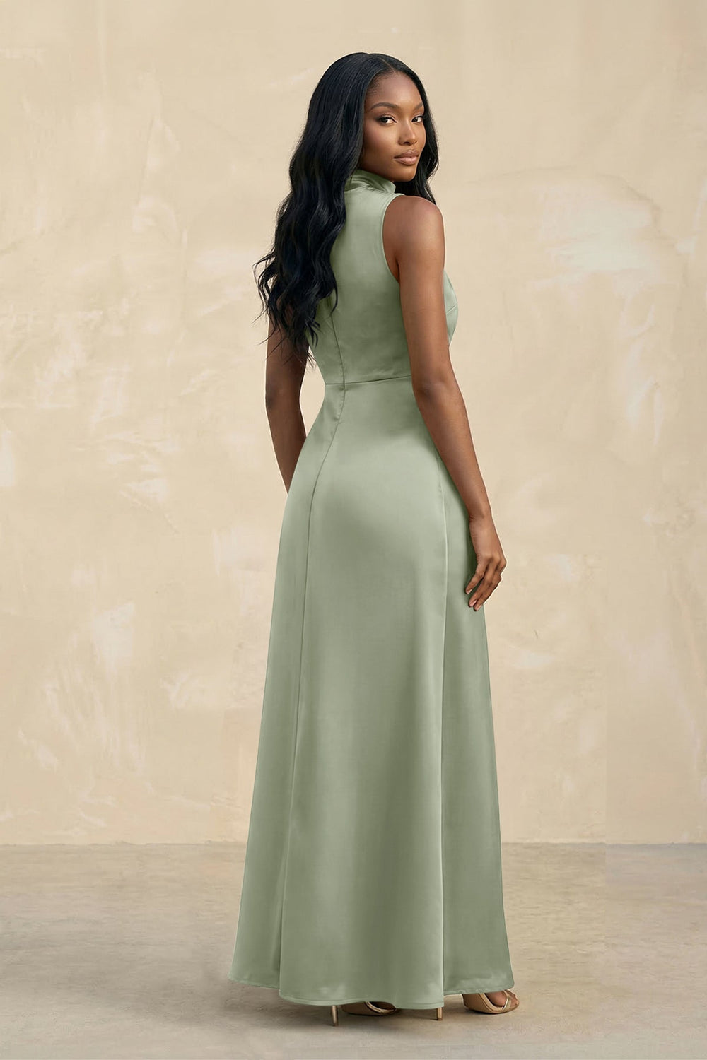 High Neck A-Line Bridesmaid Dress With Slit in Dove Gray