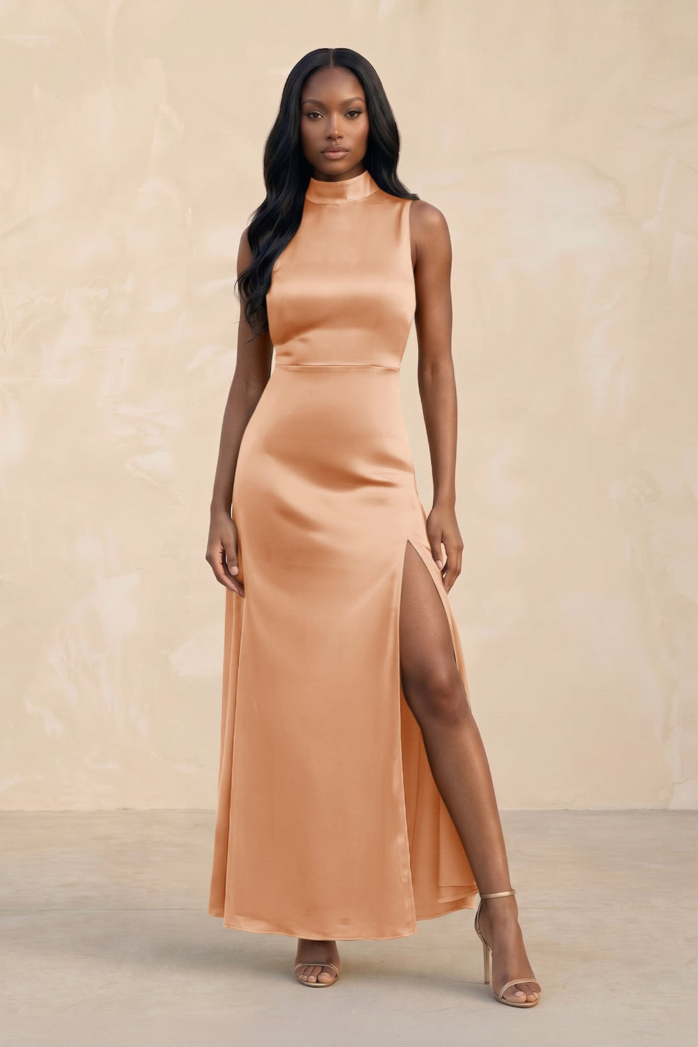 High Neck A-Line Bridesmaid Dress With Slit in Golden Champagne