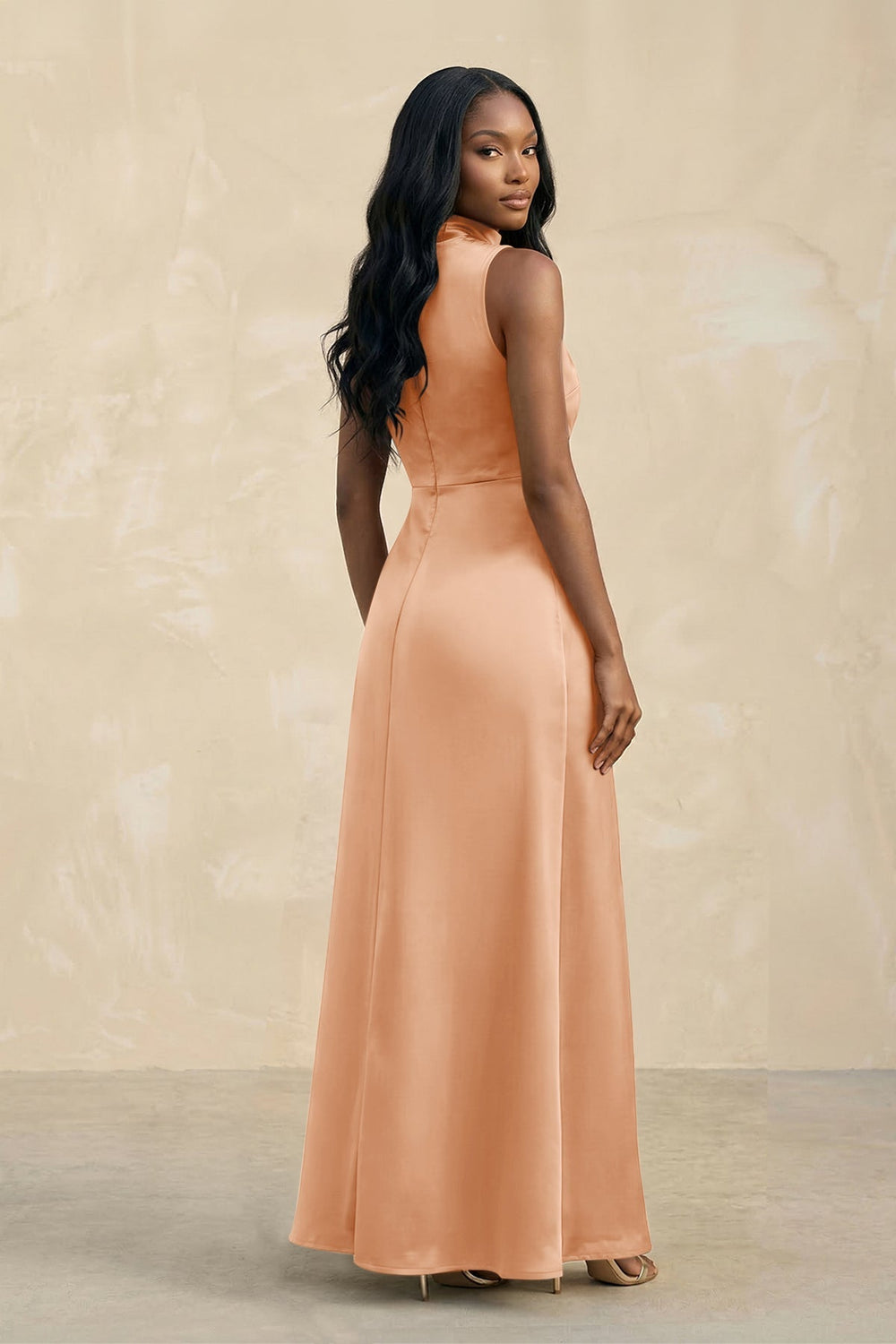 High Neck A-Line Bridesmaid Dress With Slit in Golden Champagne