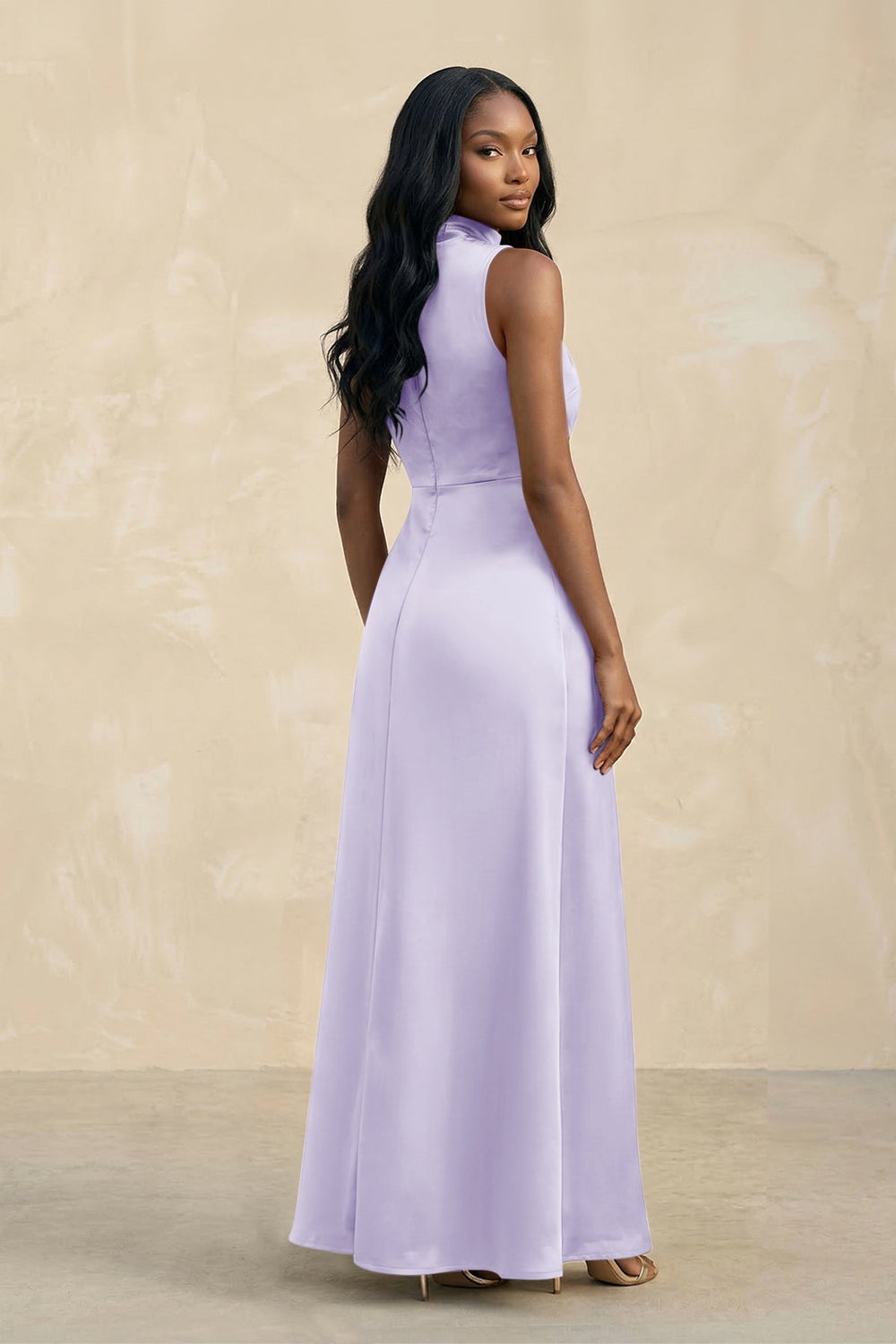 High Neck A-Line Bridesmaid Dress With Slit in Lavender