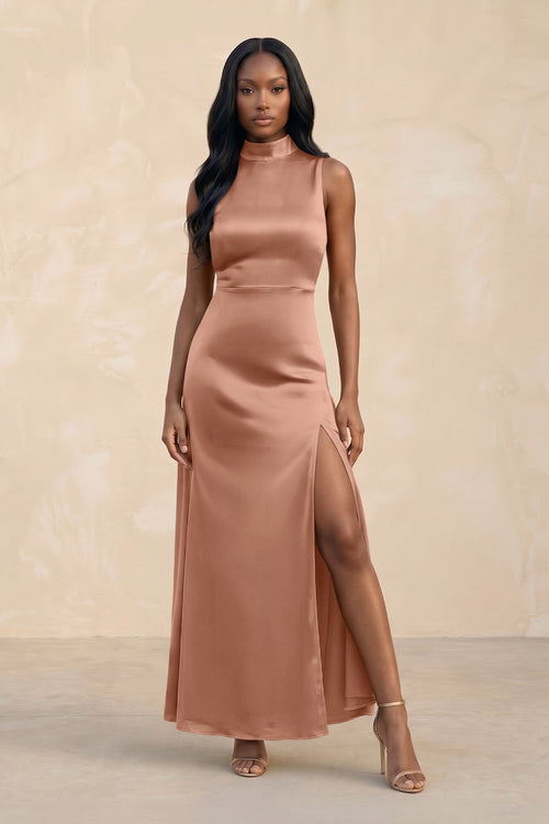 High Neck A - Line Bridesmaid Dress Wiht Slit in Rosette - KISS BRIDAL Bridesmaid Dresses