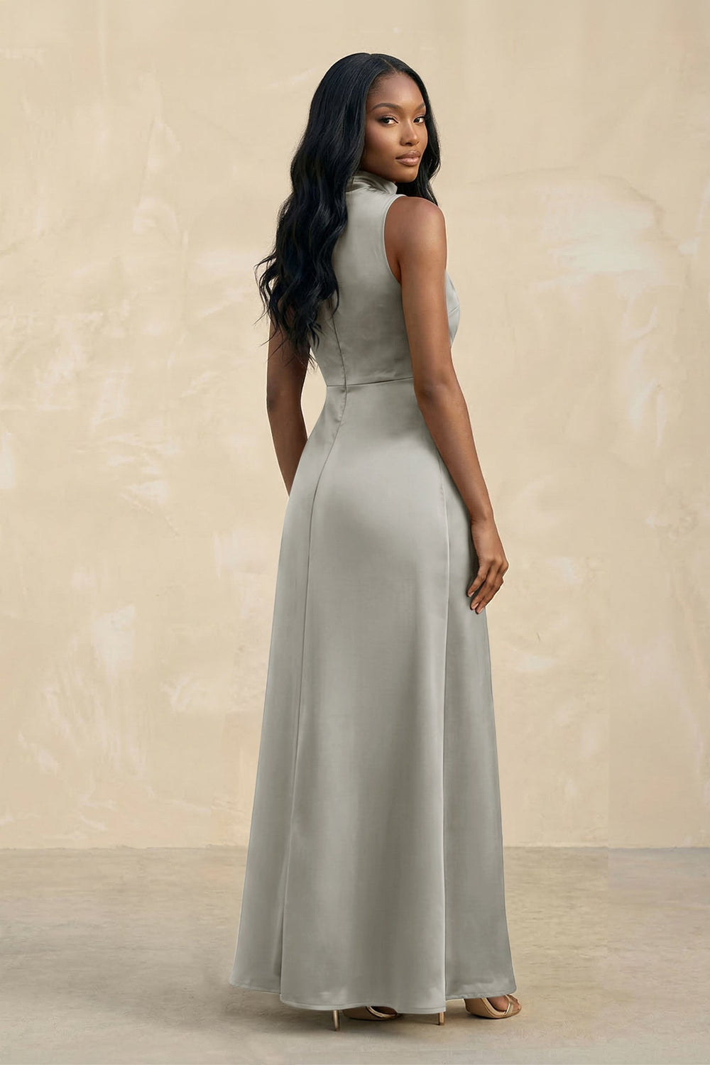 High Neck A-Line Bridesmaid Dress With Slit in Silver