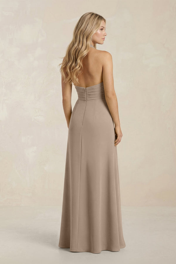 High Neck Chiffon Sheath Ruched Bridesmaid Dress in Almond (2) | KISSBRIDAL