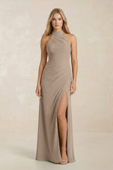 High Neck Chiffon Sheath Ruched Bridesmaid Dress in Almond | KISSBRIDAL