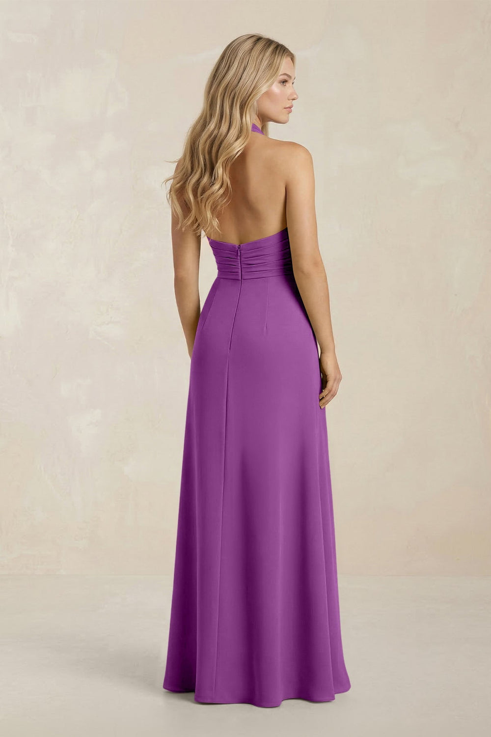 High Neck Chiffon Sheath Ruched Bridesmaid Dress in Amethyst