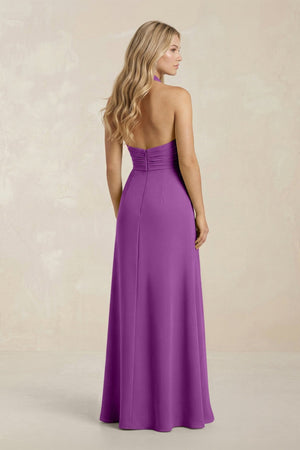 High Neck Chiffon Sheath Ruched Bridesmaid Dress in Amethyst - KISS BRIDAL Bridesmaid Dresses