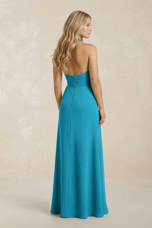 High Neck Chiffon Sheath Ruched Bridesmaid Dress in Blue Jay - KISS BRIDAL Bridesmaid Dresses