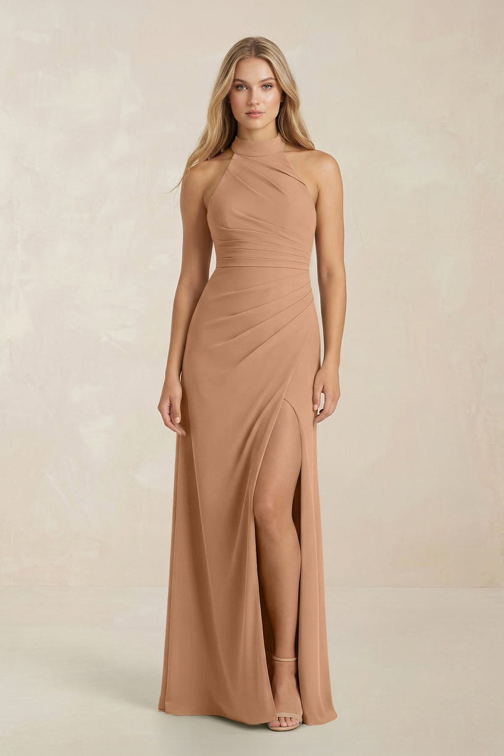 High Neck Chiffon Sheath Ruched Bridesmaid Dress in Bronzer