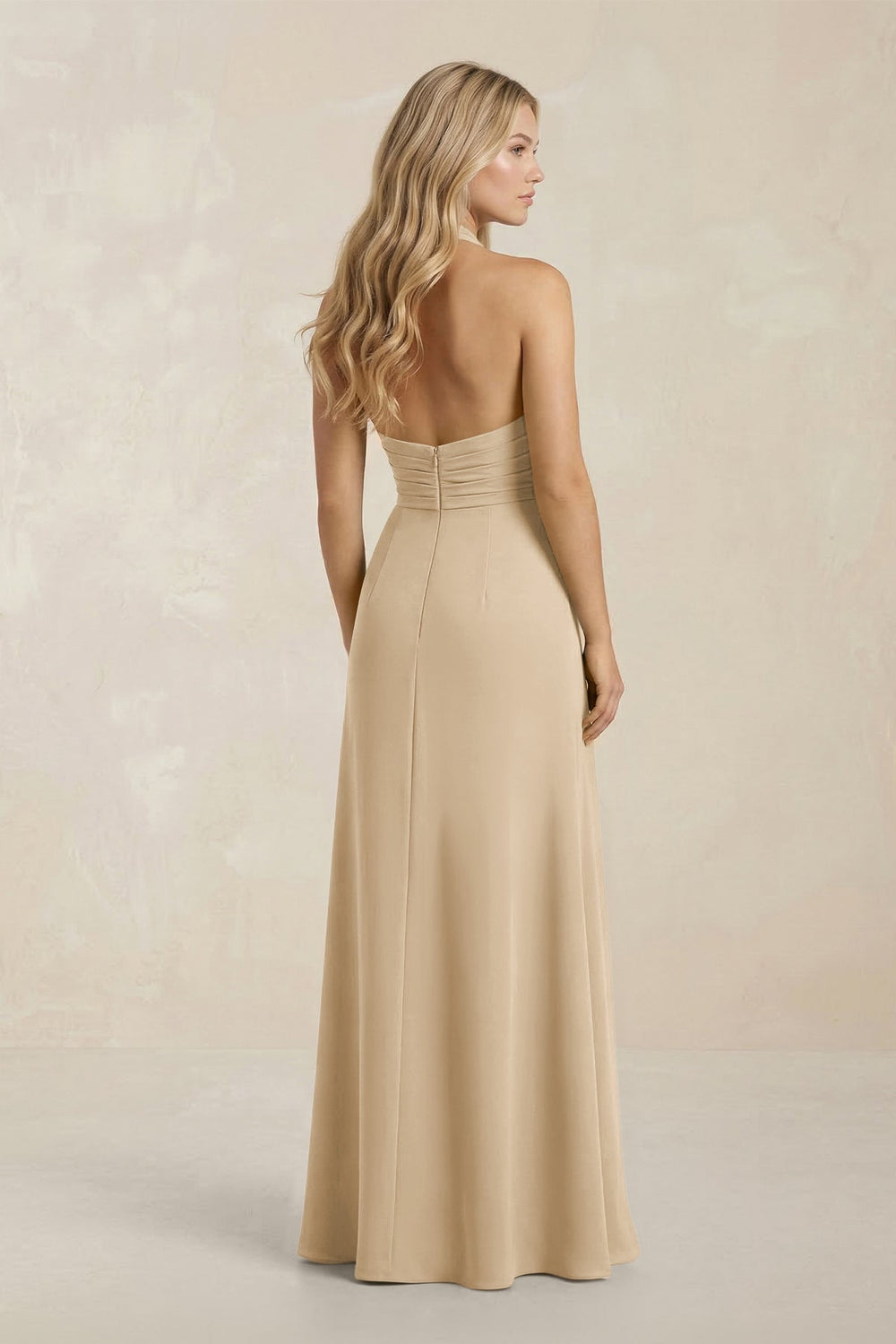 High Neck Chiffon Sheath Ruched Bridesmaid Dress in Champagne