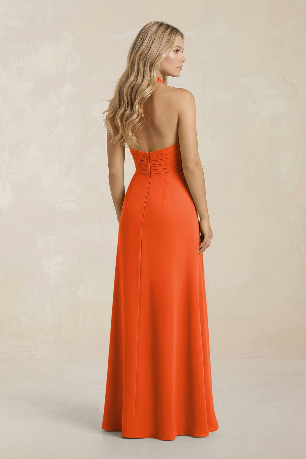 High Neck Chiffon Sheath Ruched Bridesmaid Dress in Cinnamon