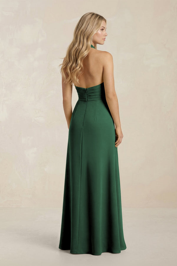 High Neck Chiffon Sheath Ruched Bridesmaid Dress in Dark Green (2) | KISSBRIDAL