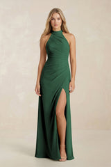 High Neck Chiffon Sheath Ruched Bridesmaid Dress in Dark Green | KISSBRIDAL