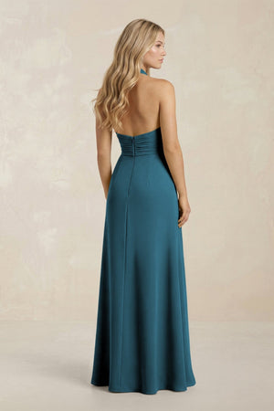 High Neck Chiffon Sheath Ruched Bridesmaid Dress in Dark Teal - KISS BRIDAL Bridesmaid Dresses