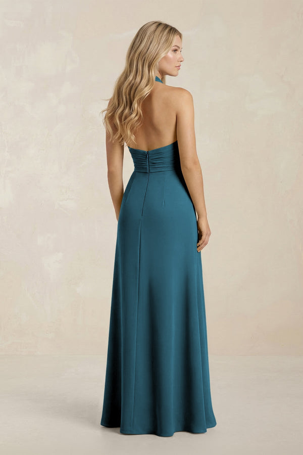 High Neck Chiffon Sheath Ruched Bridesmaid Dress in Dark Teal - KISS BRIDAL Bridesmaid Dresses