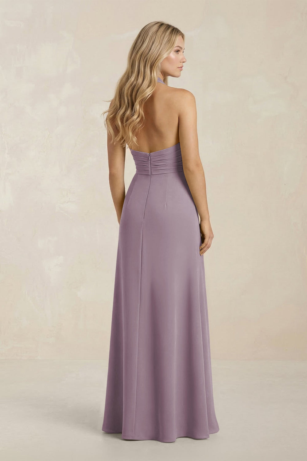 High Neck Chiffon Sheath Ruched Bridesmaid Dress in Dusk