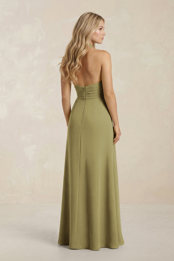 High Neck Chiffon Sheath Ruched Bridesmaid Dress in Moss Green (2) | KISSBRIDAL