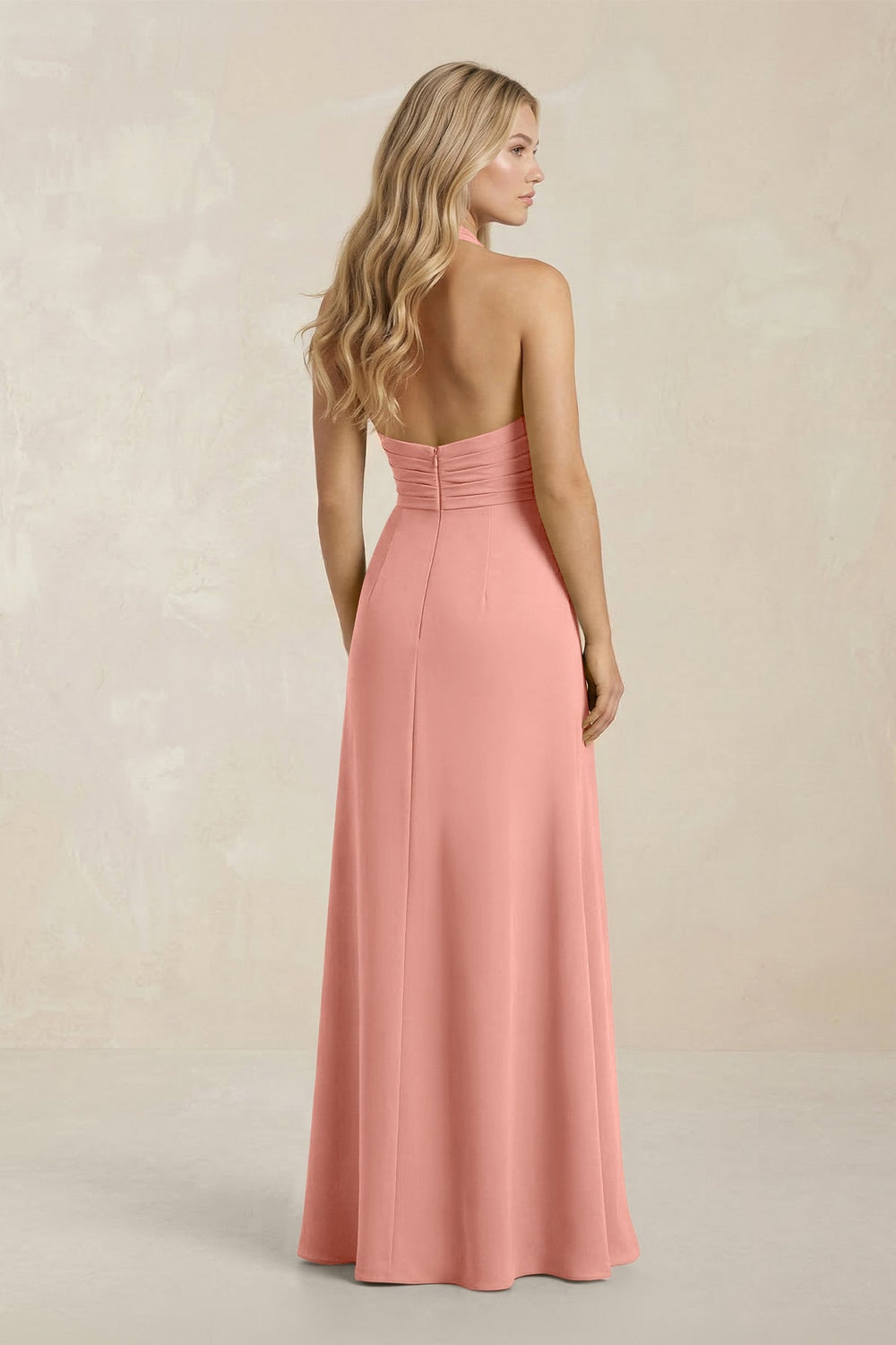 High Neck Chiffon Sheath Ruched Bridesmaid Dress in Rosette