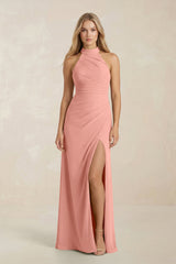 High Neck Chiffon Sheath Ruched Bridesmaid Dress in Rosette | KISSBRIDAL