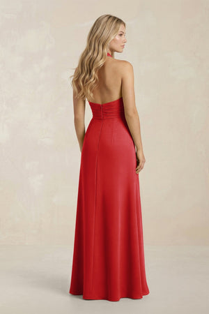 High Neck Chiffon Sheath Ruched Bridesmaid Dress in Ruby Red - KISS BRIDAL Bridesmaid Dresses